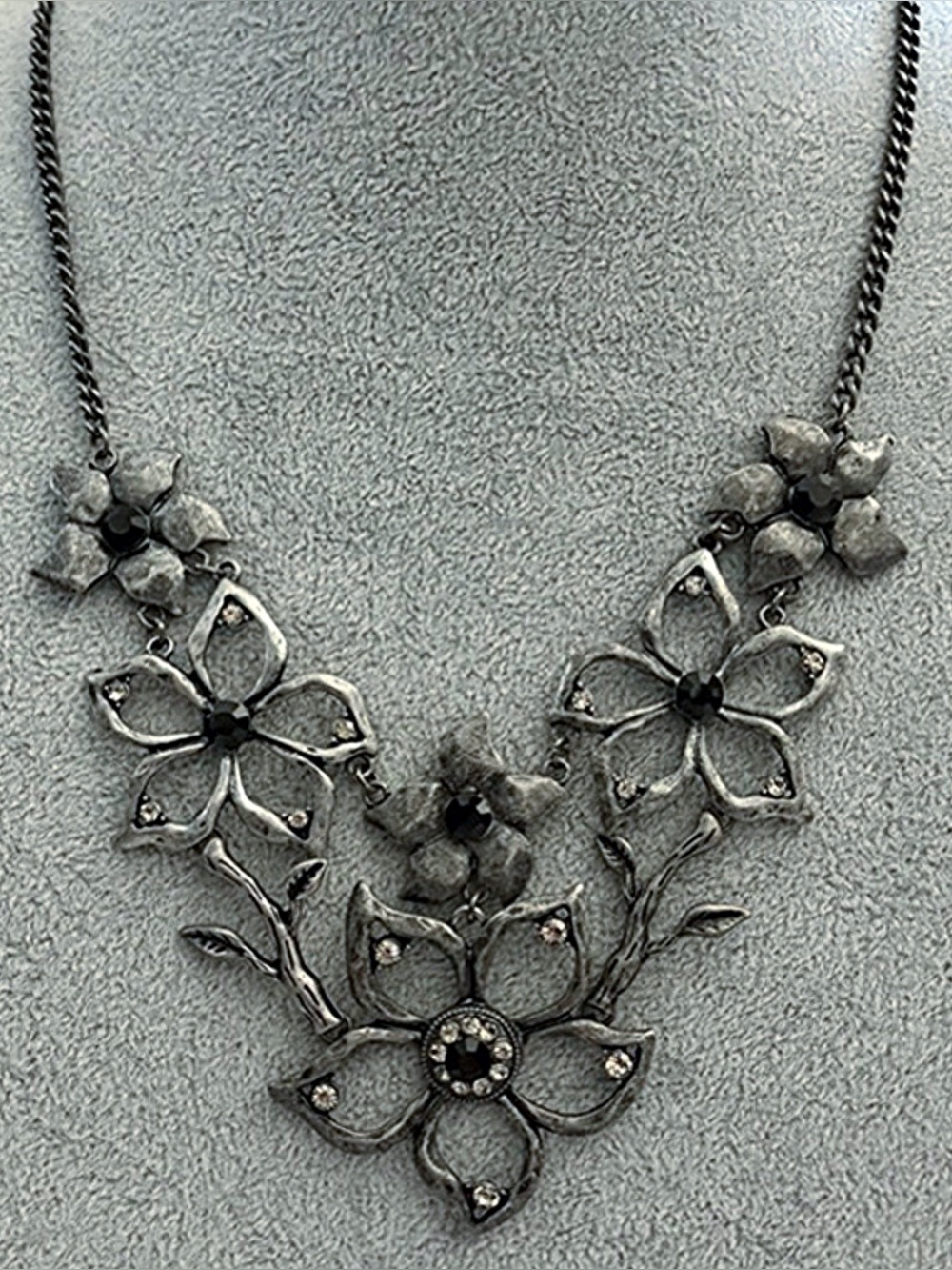 Vintage Gunmetal Metallic Flowers Statement Necklace with Black Accents